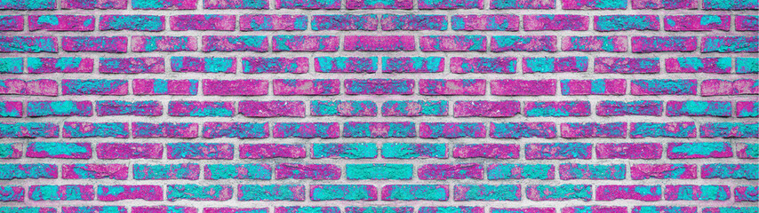 Pink aquamarine turquoise abstract painted rustic brick wall texture background banner panorama