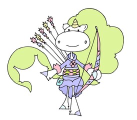 Cute unicorn party card design. Vector illustration. Learning professions. The archer.	