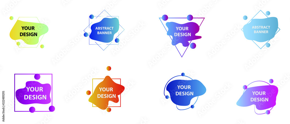 Poster modern geometric badges set. colorful vector gradient shapes composition. trendy minimal design. 3d 