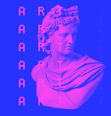 Vector pixel art ilustration with Apollo  Greek sculpture. Vaporwave and retrowave style collage, postmodern aesthetics.