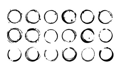 Set of black ink grunge texture circle blots. Brush strokes paint frames collection. Vector elements isolated on white background.