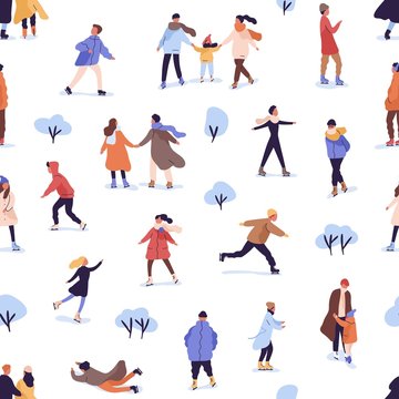 Different people skating on rink seamless pattern. Crowd of men, women and children enjoying ice skates outdoor activities isolated on white. Colorful cartoon families having fun at winter season