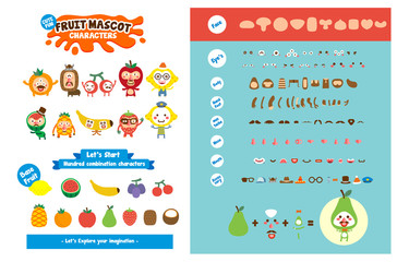 set of fruit cartoon character constructor. fruit illustration with separate various eyes, mouth, hand, leg vector kit illustration