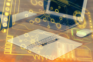 Double exposure of computer and technology theme hologram. Concept of freelance work.