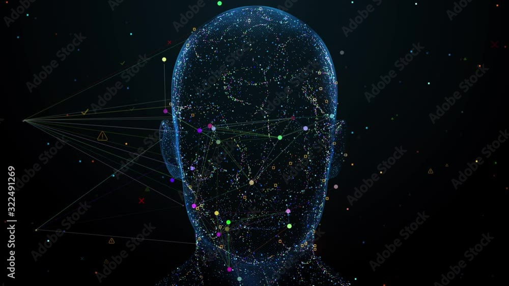 Poster 3d render or visualisation of face analytics. biometric scan. security identification. loopable sequ