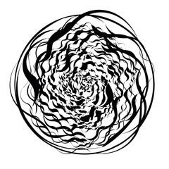 Abstract black round shape on white background. Optical illusion of distorted surface. Twisted stripes in circle. Stylized 3d surface. Great for wall art, poster, advertisement, banner