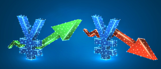 Yen symbol, arrows set, green growth, and red downtrend. Low poly, wireframe 3d vector illustration. Japanese currency and money flow concept. Abstract, polygonal image on blue neon background