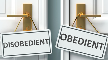 Disobedient or obedient as a choice in life - pictured as words Disobedient, obedient on doors to show that Disobedient and obedient are different options to choose from, 3d illustration