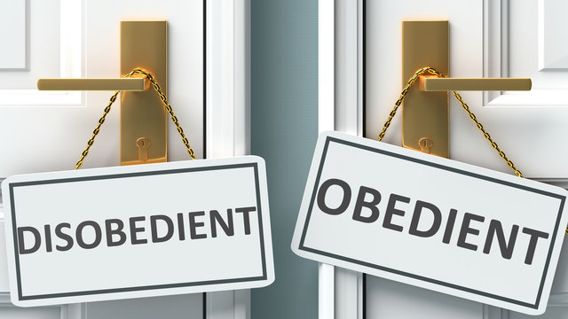 Disobedient or obedient as a choice in life - pictured as words Disobedient, obedient on doors to show that Disobedient and obedient are different options to choose from, 3d illustration