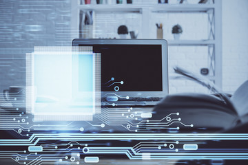 Technology theme drawing and table with computer. Multi exposure. Concept of information.