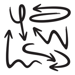 black curved sketch arrows set, brush arrows