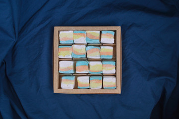 Colours marshmallows in a box for present. Sweet handmade