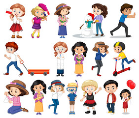 Large set of boys and girls doing different activity on white background