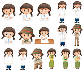 Set of girl in different costumes on white background