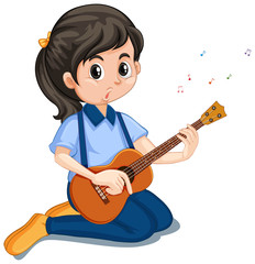 Girl playing ukulele on white background