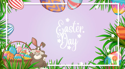 Poster design for easter with easter bunny and painted eggs in garden