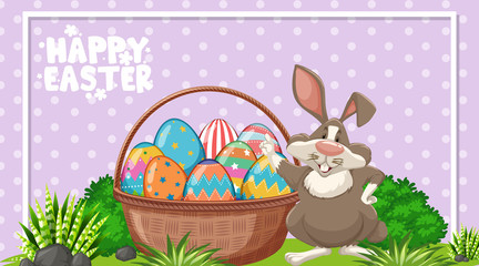 Poster design for easter with easter bunny and painted eggs in the garden