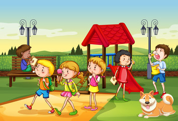 Obraz na płótnie Canvas Scene with many children playing in the playground