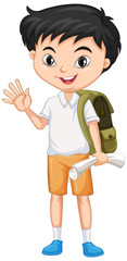 Boy with green backpack on isolated background