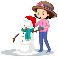 Girl making snowman on isolated background