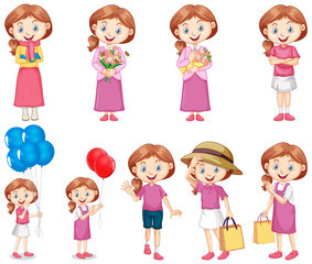 Fototapeta premium Set of happy girl in pink doing different activities
