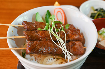 Hida beef skewer on rice, Japanese food, Japan