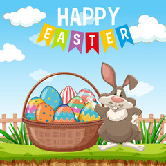 Poster design for easter with easter bunny and eggs in garden