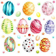 watercolor easter set of colorful eggs and drops