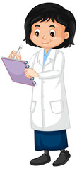 Girl in science gown writing note on white background