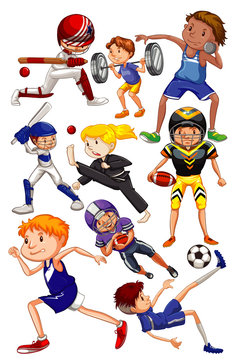Set of many people doing different types of sports