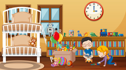 Obraz premium Scene with two kids playing toys in the bedroom