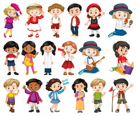 Large set of boys and girls doing different activity on white background