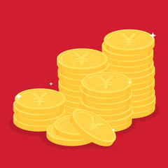 Stack of gold Japanese yen or Chinese yuan coins. Business and finance concept. Flat design vector illustration.