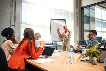 Smiling mature businesswoman giving presentation at office. Female entrepreneur is standing by whiteboard in board room. She is explaining strategy to colleagues during meeting.