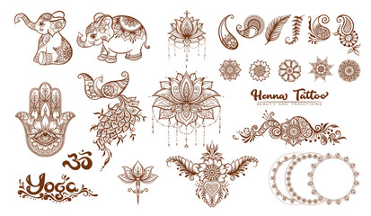 Set of elements for design in mehendi, traditional indian henna style. Ethnic style compositions. Floral ornaments and mandalas. Vector illustration..