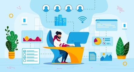 Online Business Trendy Flat Vector Concept. Internet Entrepreneur Working on Computer in Office, Online Network, Web Service Administrator, Programmer Communicating with Users or Clients Illustration