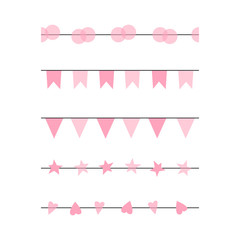 Pink Seamless festal garland set isolated on white. Happy birthday party bunting collection. Decorative vector pattern brush with flag, circle, star, heart in candy pink-hued palette.