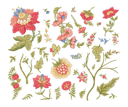 Set of Fantasy flowers in retro, vintage, jacobean embroidery style. Embroidery imitation isolated on white background. Vector illustration.