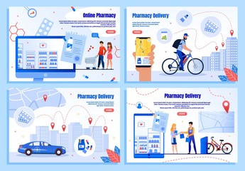 Fototapeta na wymiar Pharmaceutical Goods Online Store, Medicines Delivery Service Trendy Flat Vector Web Banners, Landing Pages Set. Courier Delivering Order with Car and Bicycle, People Shopping in Internet Illustration