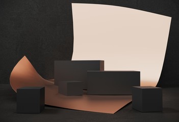 Paper composition of geometric object, boxes.Podium, stand made of paper on background of swirling sheet with copy space. Mock up for the exhibitions, presentation of products,shoes - 3D, render. 