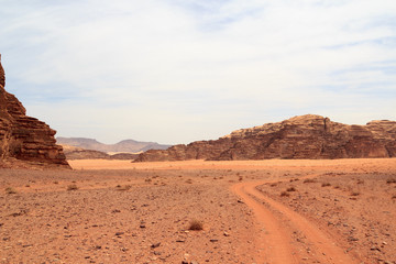 Wadi Rum desert panorama with dunes, mountains and sand that looks like planet Mars surface, Jordan
