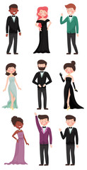 Men and Women Dressed in Evening Dresses and Suits Vector Illustrations Set