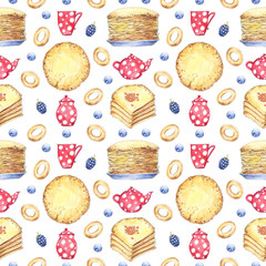 Maslenitsa, Russian pancake week, Shrove seamless pattern with pancakes, berries, bagels, berries, tea set. Rustic background  in watercolor sketching style for paper, textile, wallpaper design.