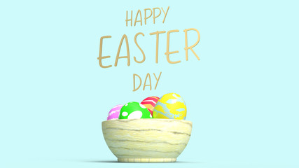 Easter eggs in wood bowl 3d rendering for holiday content.