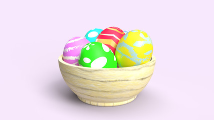 Easter eggs in wood bowl 3d rendering for holiday content.
