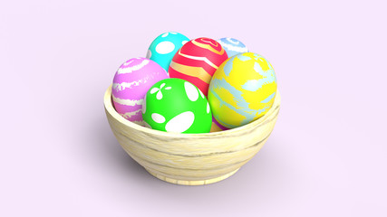 Easter eggs in wood bowl 3d rendering for holiday content.