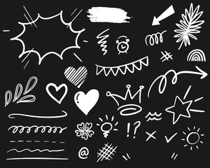 Hand drawn set elements, white on black background. Arrow, heart, love, speech bubble, star, leaf, sun,light,check marks ,crown, king, queen,Swishes, swoops, emphasis ,swirl, for concept.