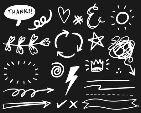 Hand drawn set elements, white on black background. Arrow, heart, love, speech bubble, star, leaf, sun,light,check marks ,crown, king, queen,Swishes, swoops, emphasis ,swirl, for concept.