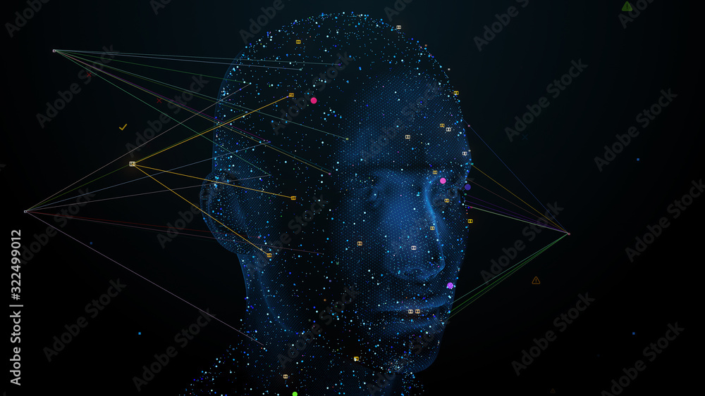 Poster 3d render or visualisation of face analytics. biometric scan. security identification...