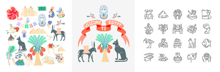 egyptian symbols set in different style, hand drawing icon egypt travel